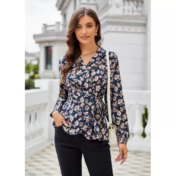 GRACE KARIN Womens Wrap Tops Elegant V Neck Long Lantern Sleeve Work Formal Top Dressy ShirtsNavy Blue Floral