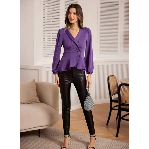 GRACE KARIN Womens Wrap Tops Elegant V Neck Long Lantern Sleeve Work Formal Top Dressy ShirtsPurple