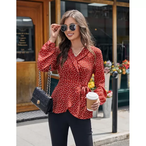 GRACE KARIN Womens Wrap Tops Elegant V Neck Long Lantern Sleeve Work Formal Top Dressy ShirtsRed Heart