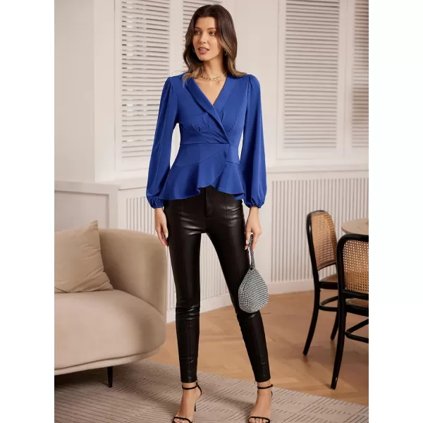 GRACE KARIN Womens Wrap Tops Elegant V Neck Long Lantern Sleeve Work Formal Top Dressy ShirtsRoyal Blue