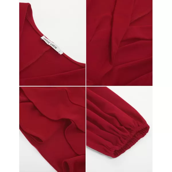 GRACE KARIN Womens Wrap Tops Elegant V Neck Long Lantern Sleeve Work Formal Top Dressy ShirtsWine Red