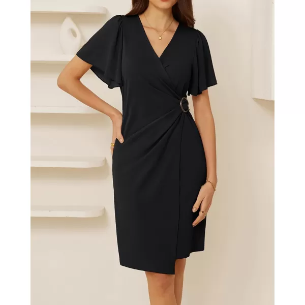 GRACE KARIN Womens Wrap V Neck Bodycon Sheath Midi Dress Ruffle Short Sleeve Ruched Split Cocktail Party Pencil Work DressBlack