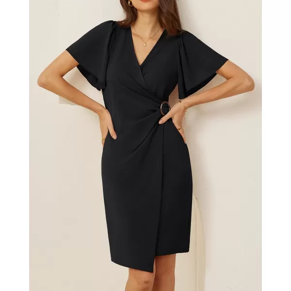 GRACE KARIN Womens Wrap V Neck Bodycon Sheath Midi Dress Ruffle Short Sleeve Ruched Split Cocktail Party Pencil Work DressBlack