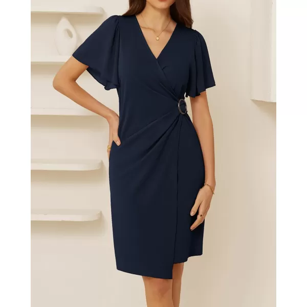 GRACE KARIN Womens Wrap V Neck Bodycon Sheath Midi Dress Ruffle Short Sleeve Ruched Split Cocktail Party Pencil Work DressNavy