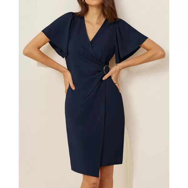 GRACE KARIN Womens Wrap V Neck Bodycon Sheath Midi Dress Ruffle Short Sleeve Ruched Split Cocktail Party Pencil Work DressNavy