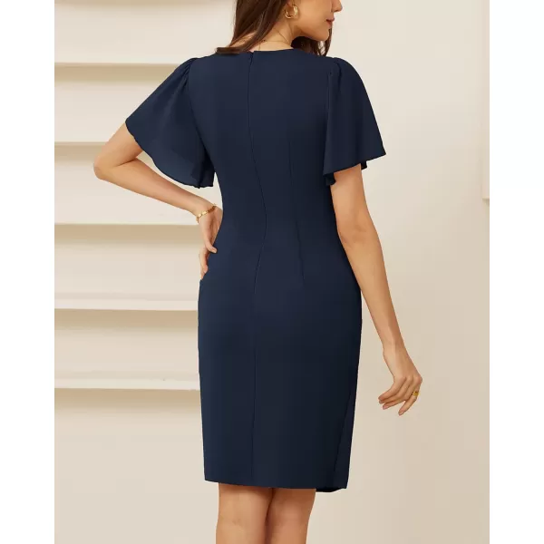 GRACE KARIN Womens Wrap V Neck Bodycon Sheath Midi Dress Ruffle Short Sleeve Ruched Split Cocktail Party Pencil Work DressNavy