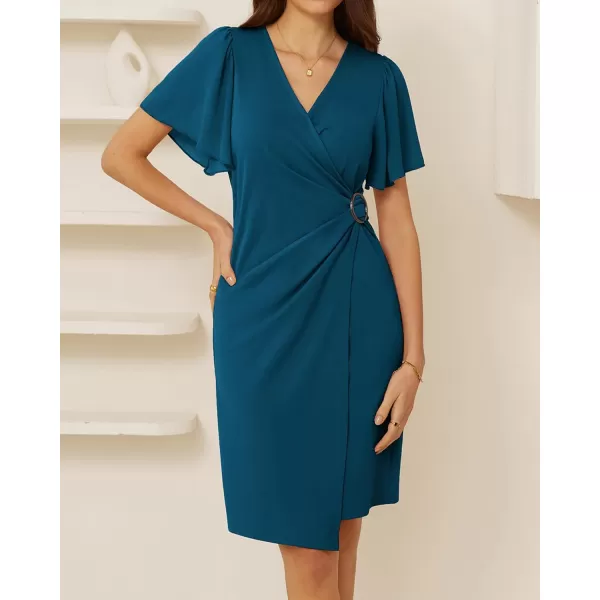 GRACE KARIN Womens Wrap V Neck Bodycon Sheath Midi Dress Ruffle Short Sleeve Ruched Split Cocktail Party Pencil Work DressPeacock Blue