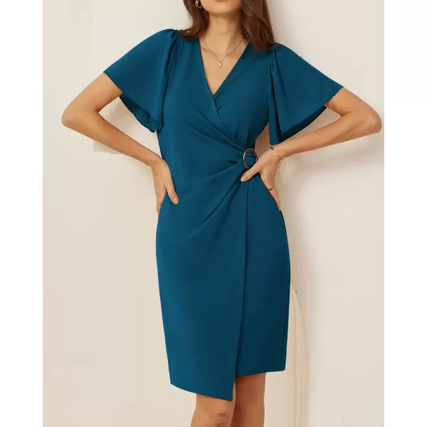 GRACE KARIN Womens Wrap V Neck Bodycon Sheath Midi Dress Ruffle Short Sleeve Ruched Split Cocktail Party Pencil Work DressPeacock Blue