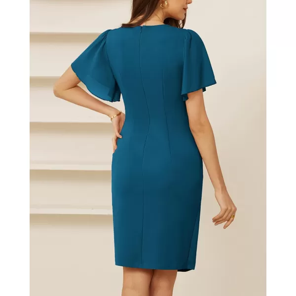 GRACE KARIN Womens Wrap V Neck Bodycon Sheath Midi Dress Ruffle Short Sleeve Ruched Split Cocktail Party Pencil Work DressPeacock Blue