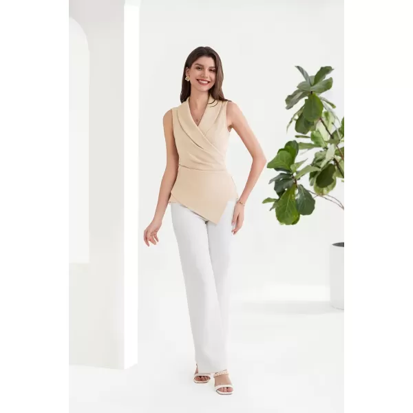 GRACE KARIN Womens Wrap V Neck Casual Work Tops Sleeveless Office Dressy Summer Blouse Top Asymmetrical Elegant ShirtsApricot