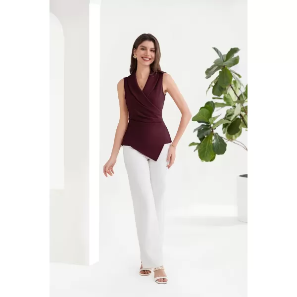 GRACE KARIN Womens Wrap V Neck Casual Work Tops Sleeveless Office Dressy Summer Blouse Top Asymmetrical Elegant ShirtsBurgundy