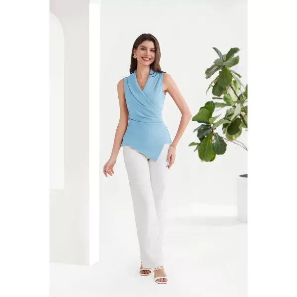 GRACE KARIN Womens Wrap V Neck Casual Work Tops Sleeveless Office Dressy Summer Blouse Top Asymmetrical Elegant ShirtsLight Blue