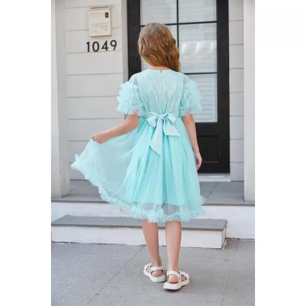 Girl Party Dress Short Sleeves Sequin Tulle Crewneck Princess Dresses for Girls Size 512Blue