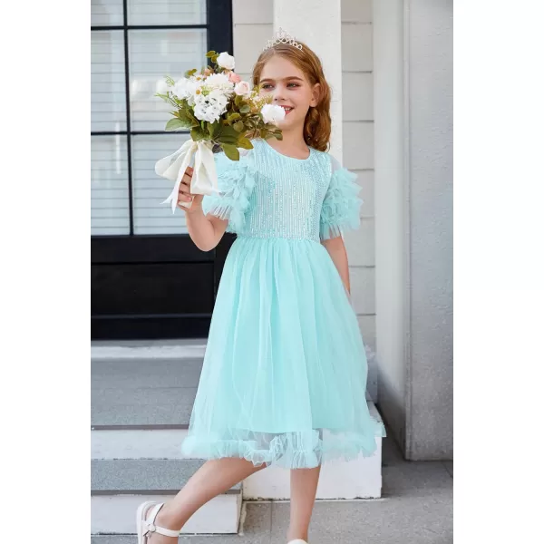 Girl Party Dress Short Sleeves Sequin Tulle Crewneck Princess Dresses for Girls Size 512Blue