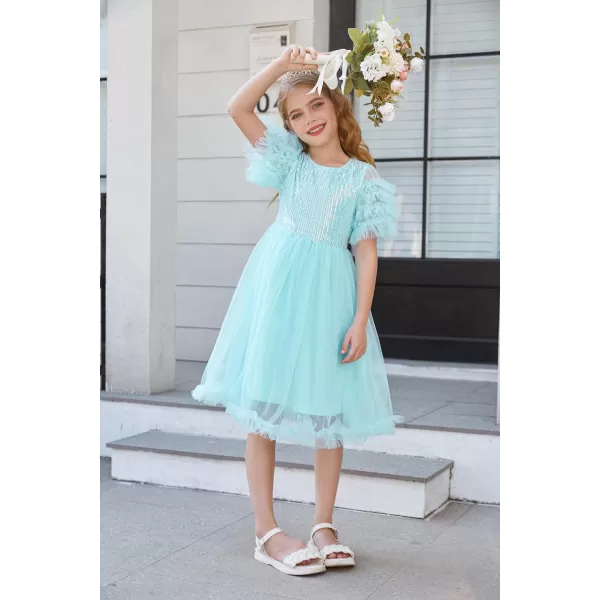 Girl Party Dress Short Sleeves Sequin Tulle Crewneck Princess Dresses for Girls Size 512Blue