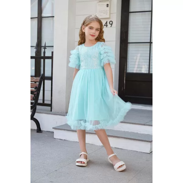 Girl Party Dress Short Sleeves Sequin Tulle Crewneck Princess Dresses for Girls Size 512Blue