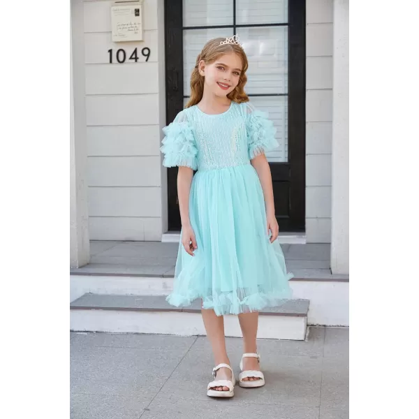 Girl Party Dress Short Sleeves Sequin Tulle Crewneck Princess Dresses for Girls Size 512Blue