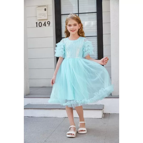 Girl Party Dress Short Sleeves Sequin Tulle Crewneck Princess Dresses for Girls Size 512Blue