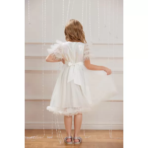 Girl Party Dress Short Sleeves Sequin Tulle Crewneck Princess Dresses for Girls Size 512Ivory