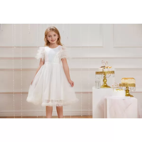 Girl Party Dress Short Sleeves Sequin Tulle Crewneck Princess Dresses for Girls Size 512Ivory