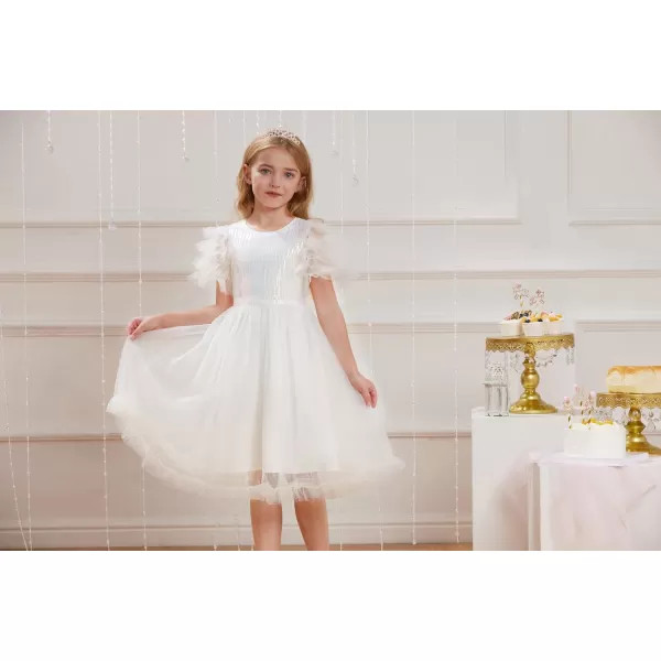 Girl Party Dress Short Sleeves Sequin Tulle Crewneck Princess Dresses for Girls Size 512Ivory