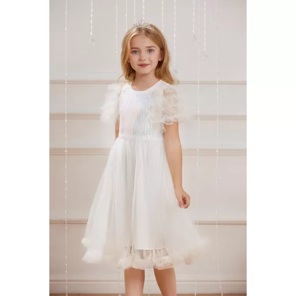 Girl Party Dress Short Sleeves Sequin Tulle Crewneck Princess Dresses for Girls Size 512Ivory