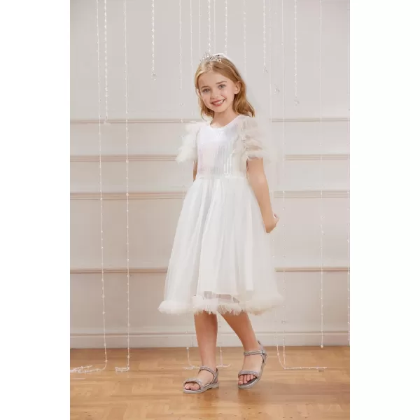 Girl Party Dress Short Sleeves Sequin Tulle Crewneck Princess Dresses for Girls Size 512Ivory