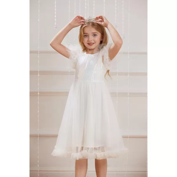 Girl Party Dress Short Sleeves Sequin Tulle Crewneck Princess Dresses for Girls Size 512Ivory