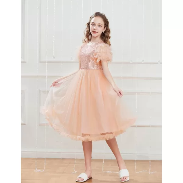 Girl Party Dress Short Sleeves Sequin Tulle Crewneck Princess Dresses for Girls Size 512Rose Gold