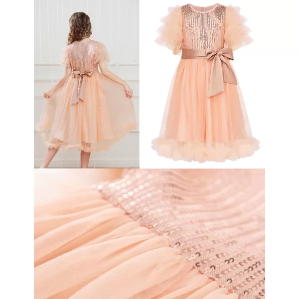 Girl Party Dress Short Sleeves Sequin Tulle Crewneck Princess Dresses for Girls Size 512Rose Gold