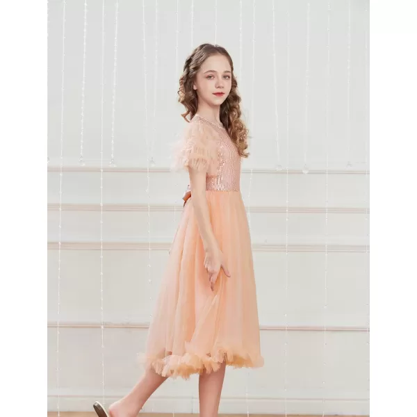 Girl Party Dress Short Sleeves Sequin Tulle Crewneck Princess Dresses for Girls Size 512Rose Gold