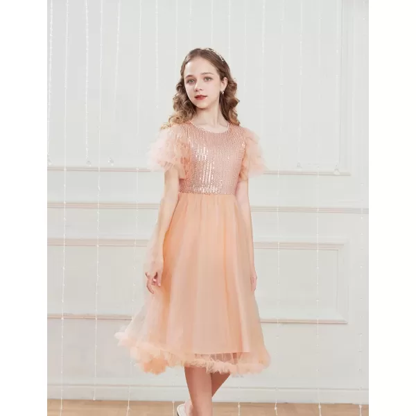 Girl Party Dress Short Sleeves Sequin Tulle Crewneck Princess Dresses for Girls Size 512Rose Gold