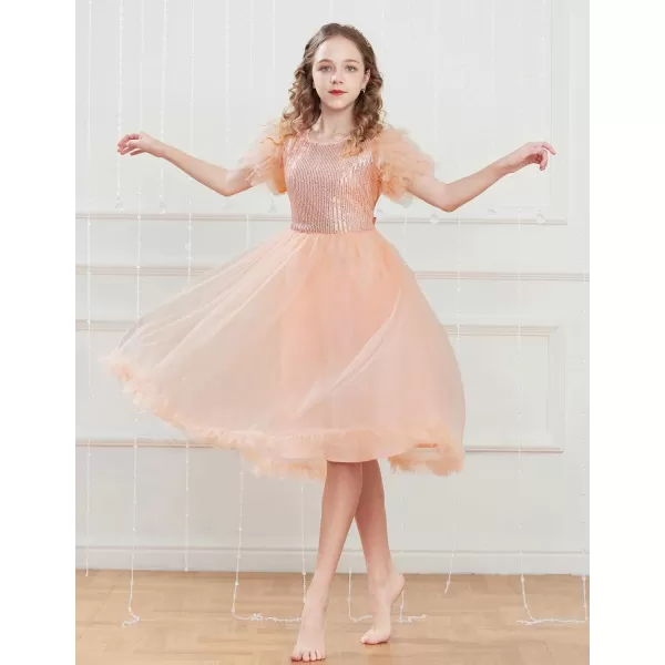 Girl Party Dress Short Sleeves Sequin Tulle Crewneck Princess Dresses for Girls Size 512Rose Gold