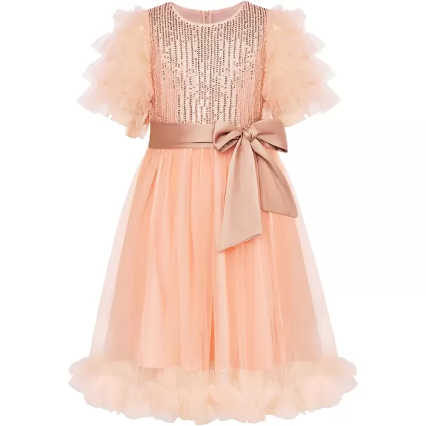 Girl Party Dress Short Sleeves Sequin Tulle Crewneck Princess Dresses for Girls Size 512Rose Gold