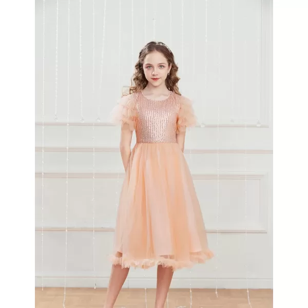 Girl Party Dress Short Sleeves Sequin Tulle Crewneck Princess Dresses for Girls Size 512Rose Gold