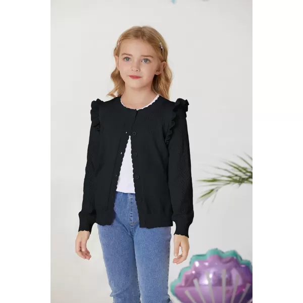 Girls Cardigan Cable Knit Sweater Long Sleeve Open Front Button Light Weight Solid Crochet Shrug 512Black