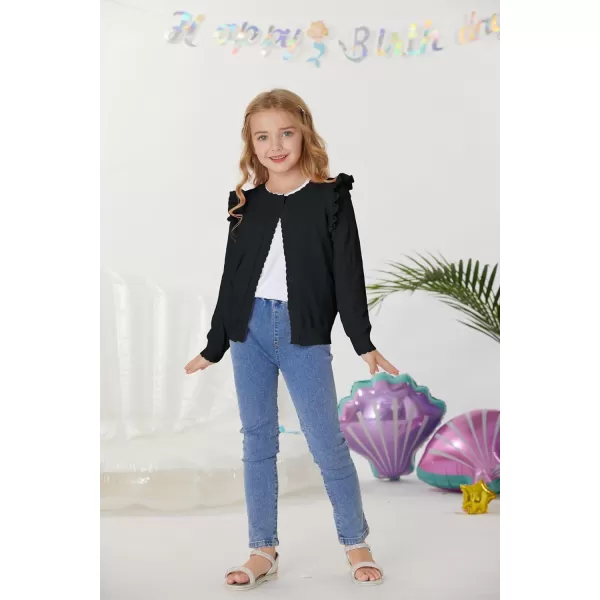 Girls Cardigan Cable Knit Sweater Long Sleeve Open Front Button Light Weight Solid Crochet Shrug 512Black