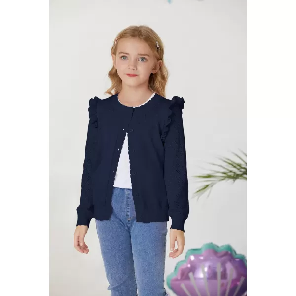 Girls Cardigan Cable Knit Sweater Long Sleeve Open Front Button Light Weight Solid Crochet Shrug 512Navy Blue