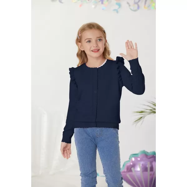 Girls Cardigan Cable Knit Sweater Long Sleeve Open Front Button Light Weight Solid Crochet Shrug 512Navy Blue