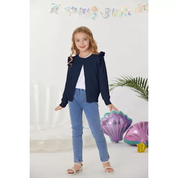 Girls Cardigan Cable Knit Sweater Long Sleeve Open Front Button Light Weight Solid Crochet Shrug 512Navy Blue