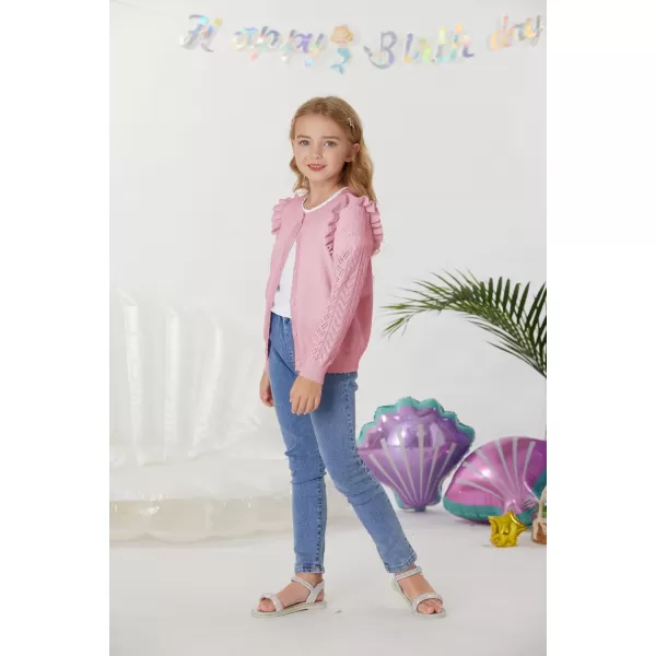 Girls Cardigan Cable Knit Sweater Long Sleeve Open Front Button Light Weight Solid Crochet Shrug 512Pink