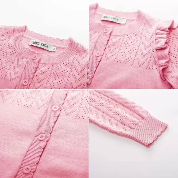 Girls Cardigan Cable Knit Sweater Long Sleeve Open Front Button Light Weight Solid Crochet Shrug 512Pink