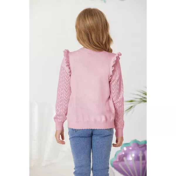 Girls Cardigan Cable Knit Sweater Long Sleeve Open Front Button Light Weight Solid Crochet Shrug 512Pink