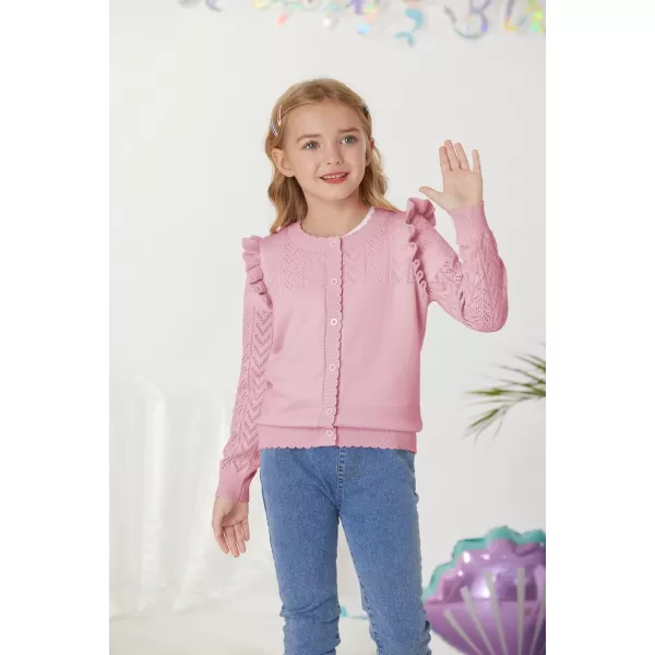 Girls Cardigan Cable Knit Sweater Long Sleeve Open Front Button Light Weight Solid Crochet Shrug 512Pink