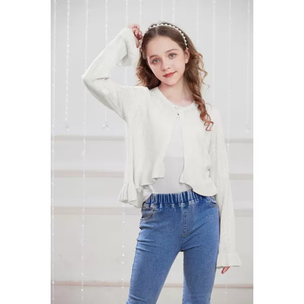 Girls Cardigan Long Sleeve Button Closure Bolero Hollow Knit Ruffle Shrug Size 512Ivory