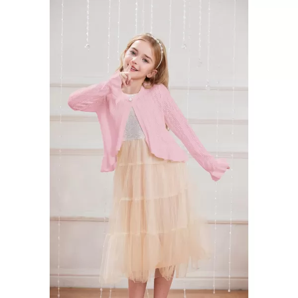 Girls Cardigan Long Sleeve Button Closure Bolero Hollow Knit Ruffle Shrug Size 512Pink