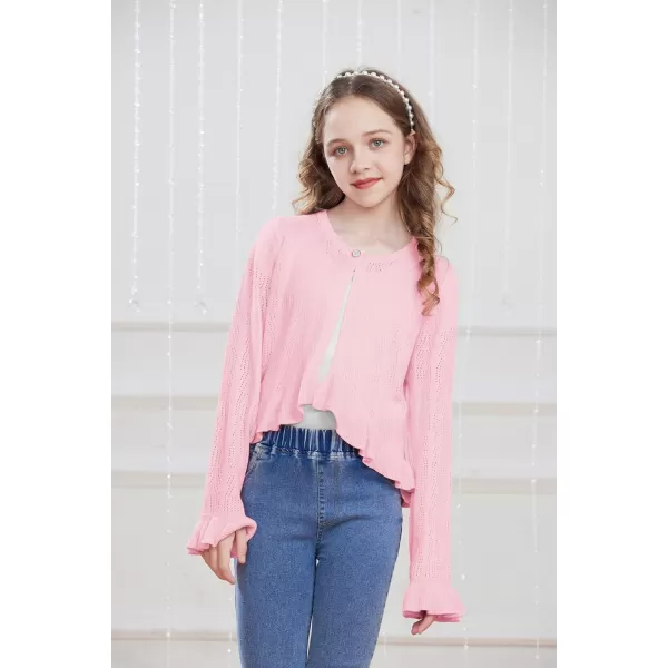 Girls Cardigan Long Sleeve Button Closure Bolero Hollow Knit Ruffle Shrug Size 512Pink