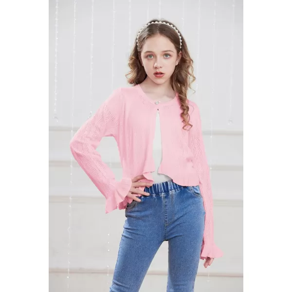 Girls Cardigan Long Sleeve Button Closure Bolero Hollow Knit Ruffle Shrug Size 512Pink