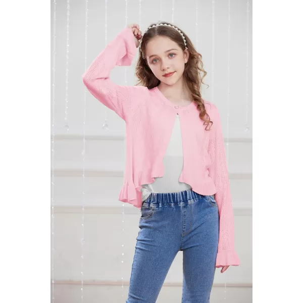 Girls Cardigan Long Sleeve Button Closure Bolero Hollow Knit Ruffle Shrug Size 512Pink