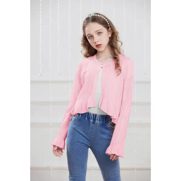 Girls Cardigan Long Sleeve Button Closure Bolero Hollow Knit Ruffle Shrug Size 512Pink